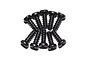 A cluster of ten black button head screws with coarse threads arranged in a fan-like pattern against a white background.