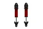 Two ARRMA red aluminium RC shock absorbers standing vertically against a white background.