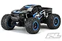 Pro-Line 2017 Ford F-150 Raptor black painted body shell mounted on a Traxxas X-Maxx RC truck chassis with blue and black accents.