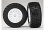 Two Traxxas 2.2/3.0 inch BFGoodrich gravel tyres mounted on white 12-spoke rims against a plain background.