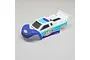 A pre-painted blue, white, and teal Losi Mini-T 2.0 stadium truck body shell on a plain light grey background.