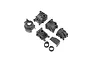 A set of black plastic RC differential case parts and components on a white background.