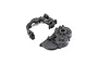 Two black plastic pieces of a Losi centre transmission gear box housing shown from a high angle against a white background.