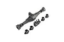 Losi rear axle housing set including the main axle casing, a truss mount, and four axle end caps, all in black plastic.