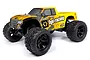 HPI Jumpshot MT Flux 1/10 scale RC monster truck with a yellow and black patterned body, black wheels, and off-road tires on a white background.