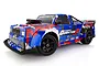 A studio shot of the Maverick Quantum R Flux 1/8 scale RC race truck in blue and red livery with a prominent hood scoop.