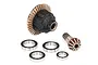 Traxxas 8S X-Maxx complete front differential set including ring gear, pinion gear, and four ball bearings on a white background.