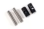 Traxxas steel CV drive pin rebuild kit components including two silver metal pins and two black metal barrels on a white background.
