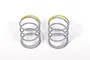 Two grey RC shock springs with yellow paint markings on the top coils, set against a plain white background.