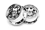 Two shiny chrome-plated RC car wheels with a beadlock-style design and circular cutouts, set against a plain white background.