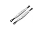 Two gunmetal grey aluminium lower rear trailing arms for an RC vehicle, featuring black plastic rod ends with metal pivot balls.