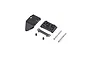 Losi front pivot and bumper set including plastic bumper, pivot block, metal plate, two pins, and two grub screws on a white background.