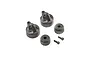 A set of black plastic shock caps and small screws for Losi 22S RC cars, isolated on a white background.