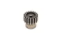 A close-up studio shot of a metal 18-tooth RC pinion gear on a white background.
