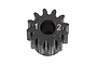 A close-up view of a black 12-tooth pinion gear with the number 12 engraved on the face, isolated against a white background.