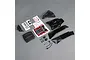 Losi Lasernut U4 body shell components including black plastic panels, carbon fiber patterned parts, decal sheets, and small hardware accessories.