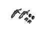 A set of black plastic RC car parts including two shock tower mounts and four smaller track rod mounts on a white background.