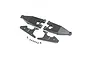Losi front lower suspension arm set including two main arms, two reinforcement plates, two pivot balls, and six small mounting screws on a white background.