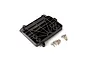 Traxxas ESC and receiver mounting plate made of black plastic, shown with four small metal screws on a white background.