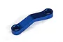 A blue anodized aluminium drag link component for an RC car, featuring a curved shape with mounting holes at each end.