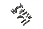 A set of black plastic RC steering servo mount and bellcrank components from Losi, arranged on a white background.