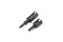 Two black metal RC centre differential outdrive cups shown from an angle against a white background.
