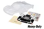 A clear, unpainted Traxxas Slash 4x4 heavy-duty RC body shell shown with included decal sheets and a small instruction card on a white background.