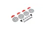 Losi RC disc brake and red caliper set including four grey brake discs, four red calipers, bearings, small black mounting plates, and screws.