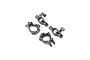 A set of four black plastic RC steering hubs and hub carriers from Losi, arranged on a white background.