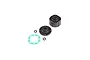 Losi differential housing case set including black plastic housing parts, two small black O-rings, and a thin green gasket on a white background.