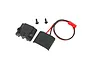 Traxxas Power Tap connector kit including two black plastic housing pieces, two small black screws, and a short red and black wire with a connector.