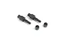 Two black metal shock standoffs and two small black spacers on a white background.