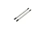 Two silver metal RC shock shafts with threaded ends isolated on a white background.