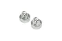 Two silver aluminium RC shock caps with mounting eyelets, shown from a high angle against a plain white background.