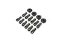 A set of 12 black plastic RC shock rod ends and spring cups arranged on a white background.
