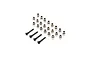 A set of silver metal pivot balls and four black screws arranged on a white background.
