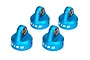 Four blue anodized aluminum shock caps for RC vehicles, each featuring the KING logo printed on the side.