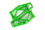 Two bright green Traxxas WideMaxx lower suspension arms for RC cars, shown from a top-down perspective against a white background.