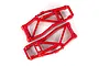 A pair of red Traxxas WideMaxx lower suspension arms for RC vehicles, shown from a top-down perspective against a white background.