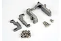 A set of Traxxas aluminium engine mounts and associated screws on a white background.