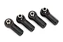 Four black Traxxas rod ends with pre-installed silver metal pivot balls arranged in a row against a white background.