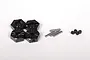 Four black aluminium 12mm wheel hexes, four metal axle pins, and four small grub screws arranged on a white background.