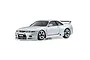 A silver Kyosho Mini-Z Nissan Skyline GT-R NISMO R33 RC car model viewed from a front three-quarter angle against a white background.