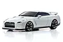 A studio shot of a white Kyosho Mini-Z Nissan Skyline GT-R R35 RC car on a white background.