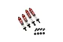 A set of four red aluminium RC shock absorbers with white springs, accompanied by small black plastic mounting hardware on a white background.