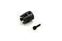 A Kyosho HD centre drive cup and a small grub screw isolated on a white background.