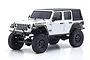 A white Kyosho Mini-Z Jeep Wrangler Unlimited Rubicon RC rock crawler viewed from a front three-quarter angle against a white background.