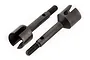 Two dark grey steel RC wheel axles with threaded ends and slotted drive cups, isolated on a white background.