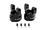 Two black aluminium Axial hub carriers with four small grub screws arranged below them on a white background.