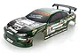 A green pre-painted 1/10 scale RC drift car body shell with black decals and a rear spoiler, isolated on a white background.